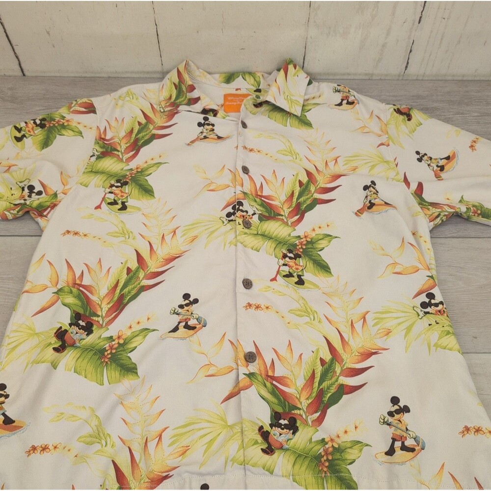 Tommy Bahama Disney Parks Mickey Surf Silk Camp Shirt Mens Large Floral Cream